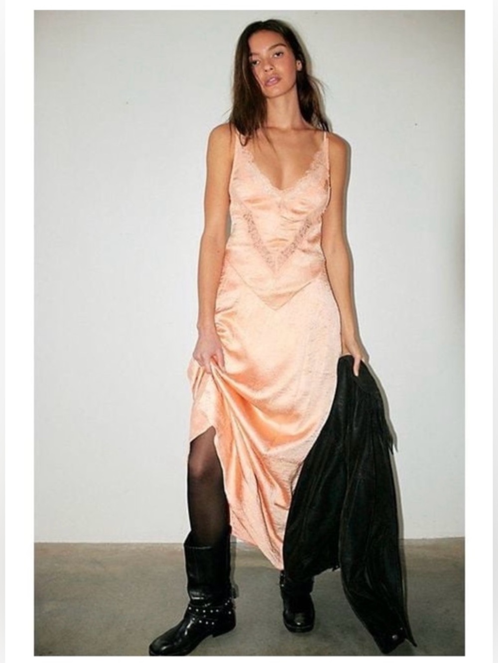 Free People Maybe Forever Maxi Dress Lace Trim Crinkle Satin Peach